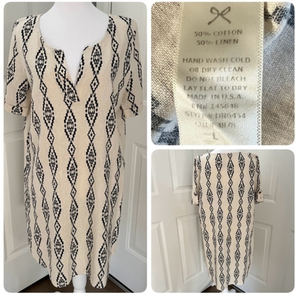 Mahina Tribal Minamilist Dress Short‎ Sleeve Women L Linen Cotton Coastal Beachy